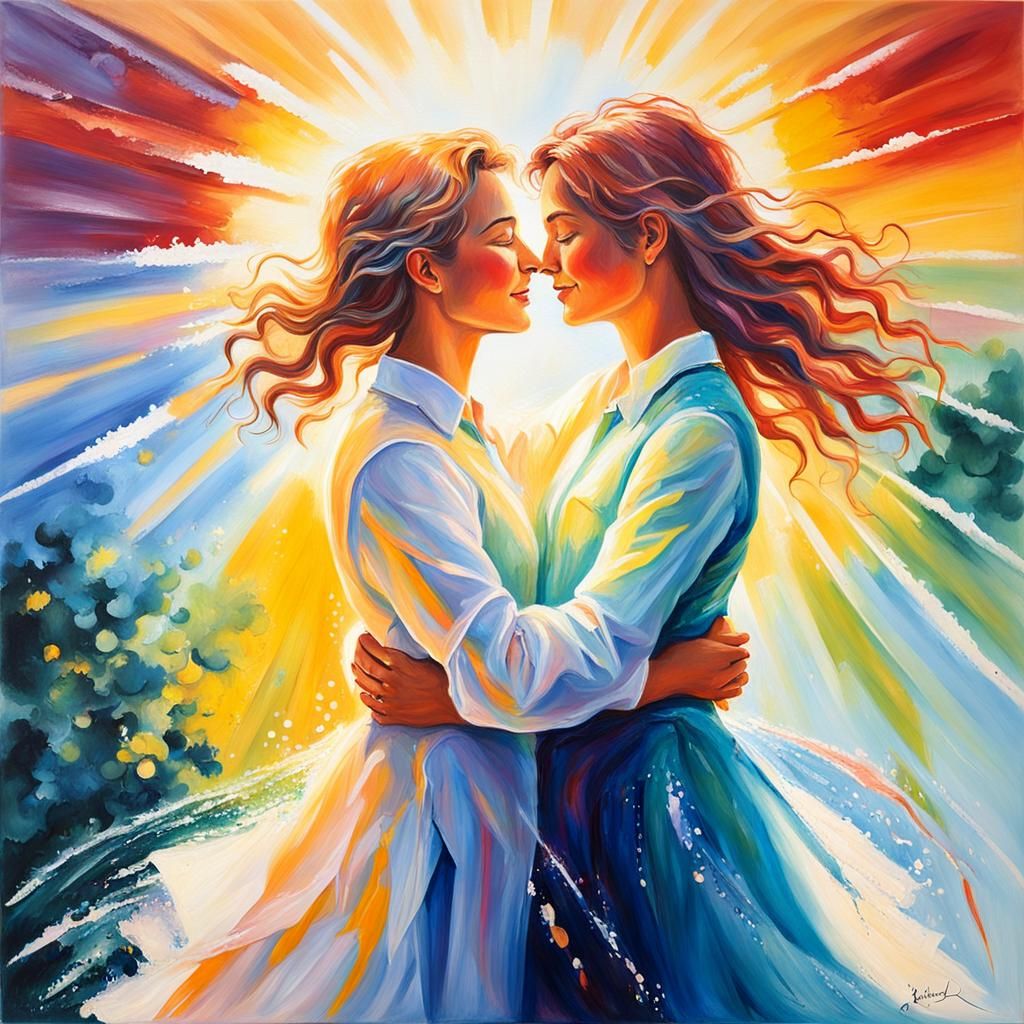 Romantic Acrylic Painting of Two Women in Love