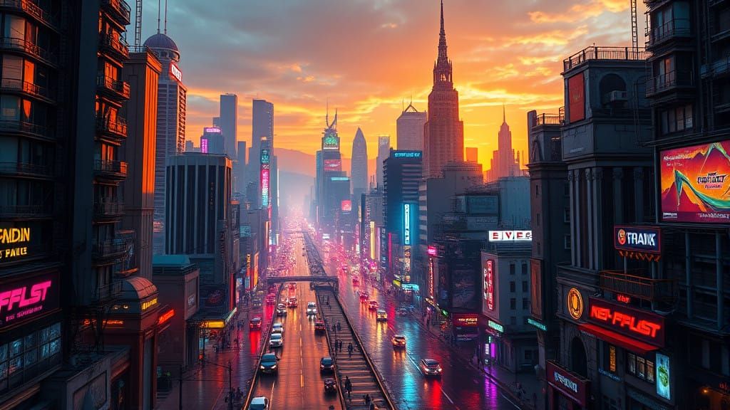 Cyberpunk Metropolis Awakens at Dawn, with Vibrant Neon Ligh...