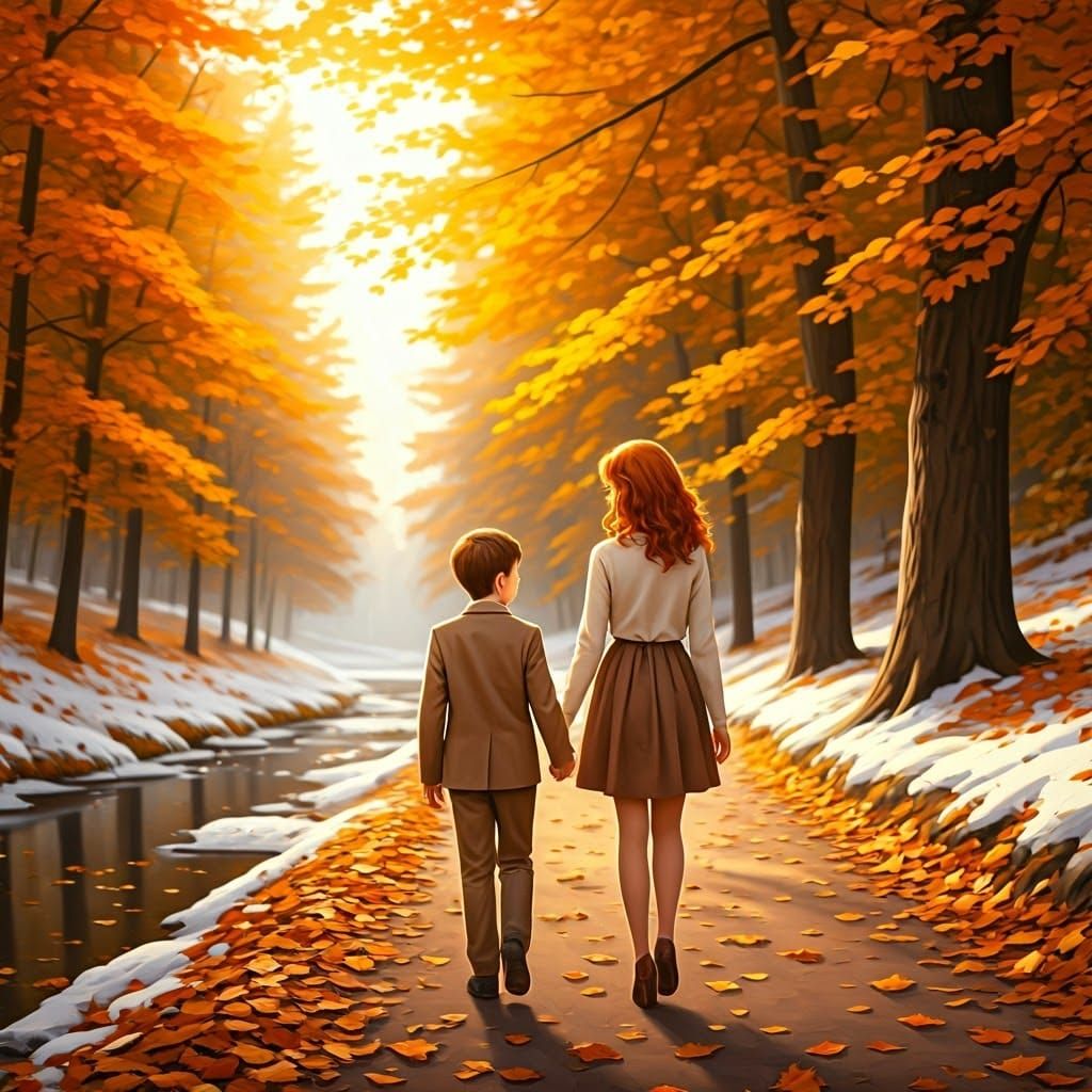 Couple Walking Under Autumn Leaves in Golden Light