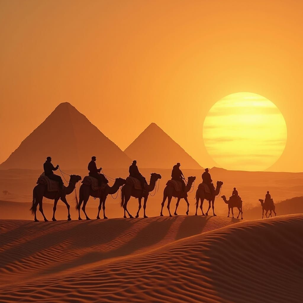Surreal Sunset Oasis Scene with Camels and Pyramids