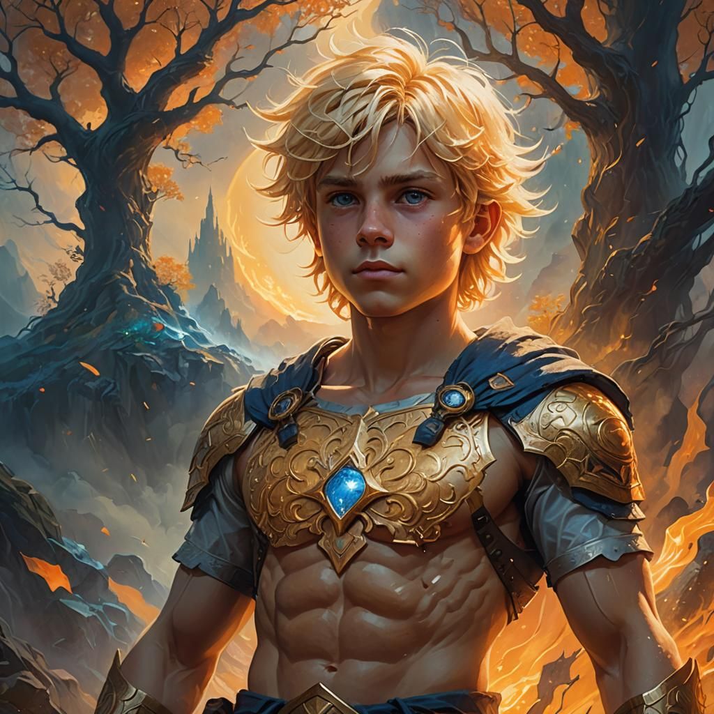 Heroic Blond Boy in Mystical Realm, Oil Painting