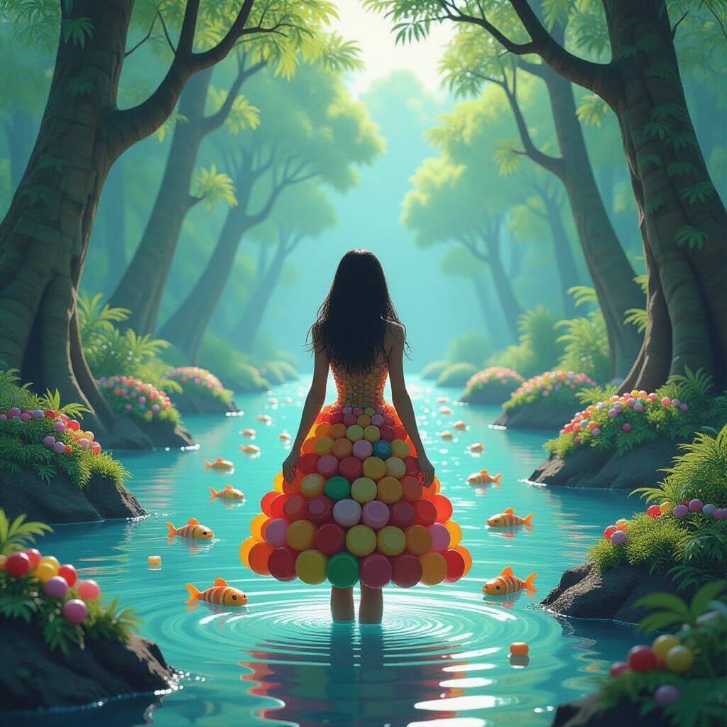 Whimsical Jungle Scene with Fruity Dress and Candy Flora