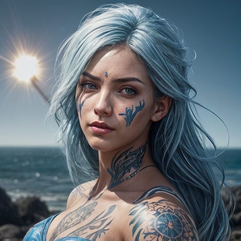 Latina Beauty with Blue Hair, Digital Art Portrait