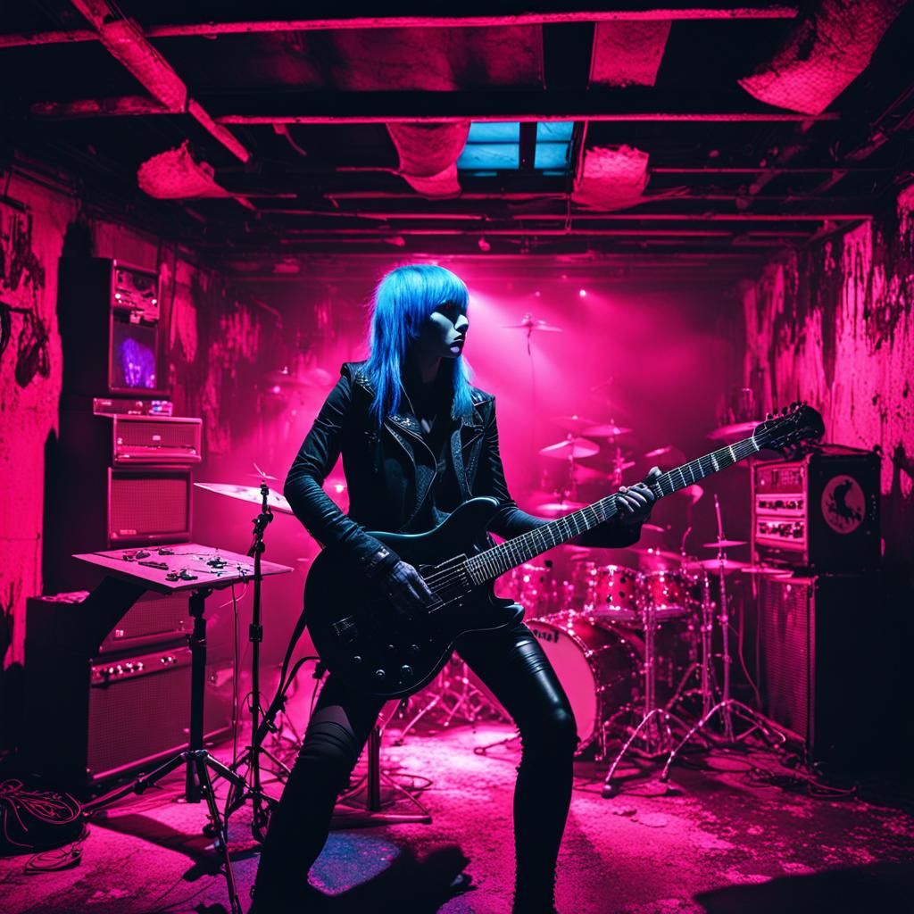 Gothic Punk Rock Performance in Cyberpunk Style