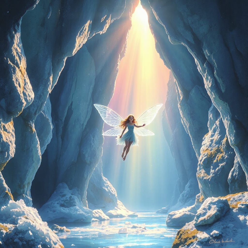 Magical Light Fairy in Icy Cave with Rainbow