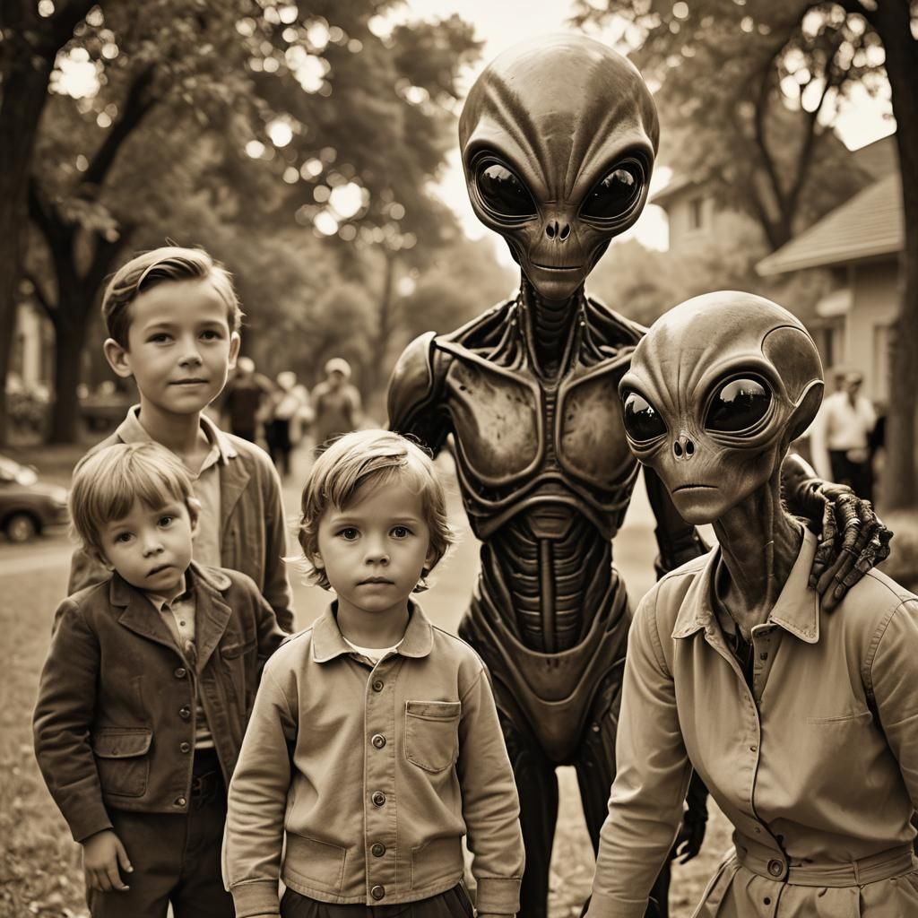 Vintage Family Photo with Alien Invasion