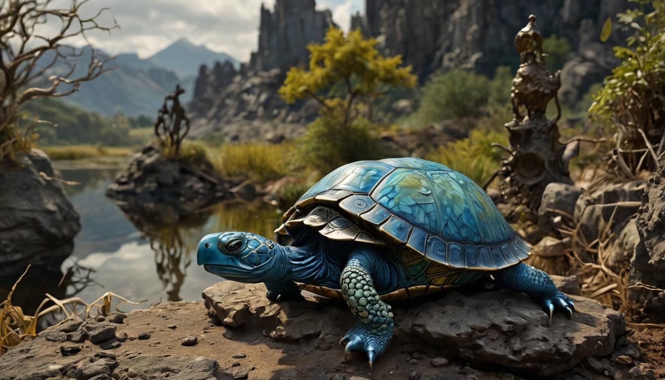 Enameled Glass Turtle Figurine in Landscape