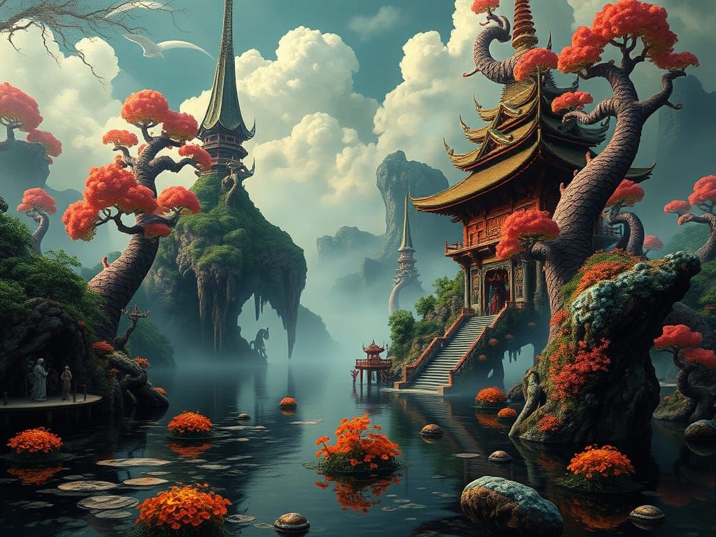 Surreal Japanese Landscape Painting with Buddhist Temple