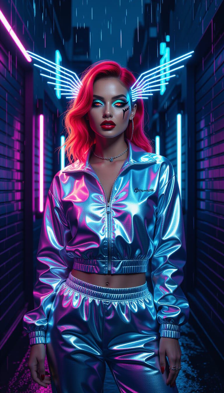 Dystopian Glamour Woman in Chrome Tracksuit with Neon Reflec...