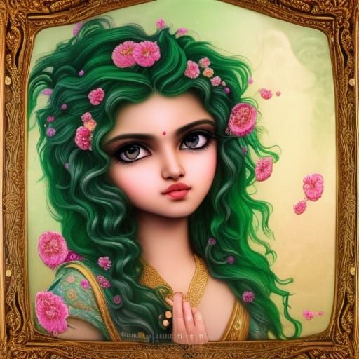 South Asian Girl with Green Hair in Art Nouveau Style