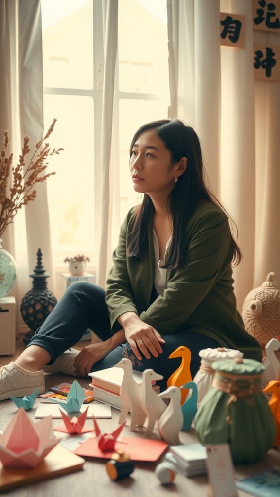Introspective Woman Surrounded by Origami in Dreamy Light