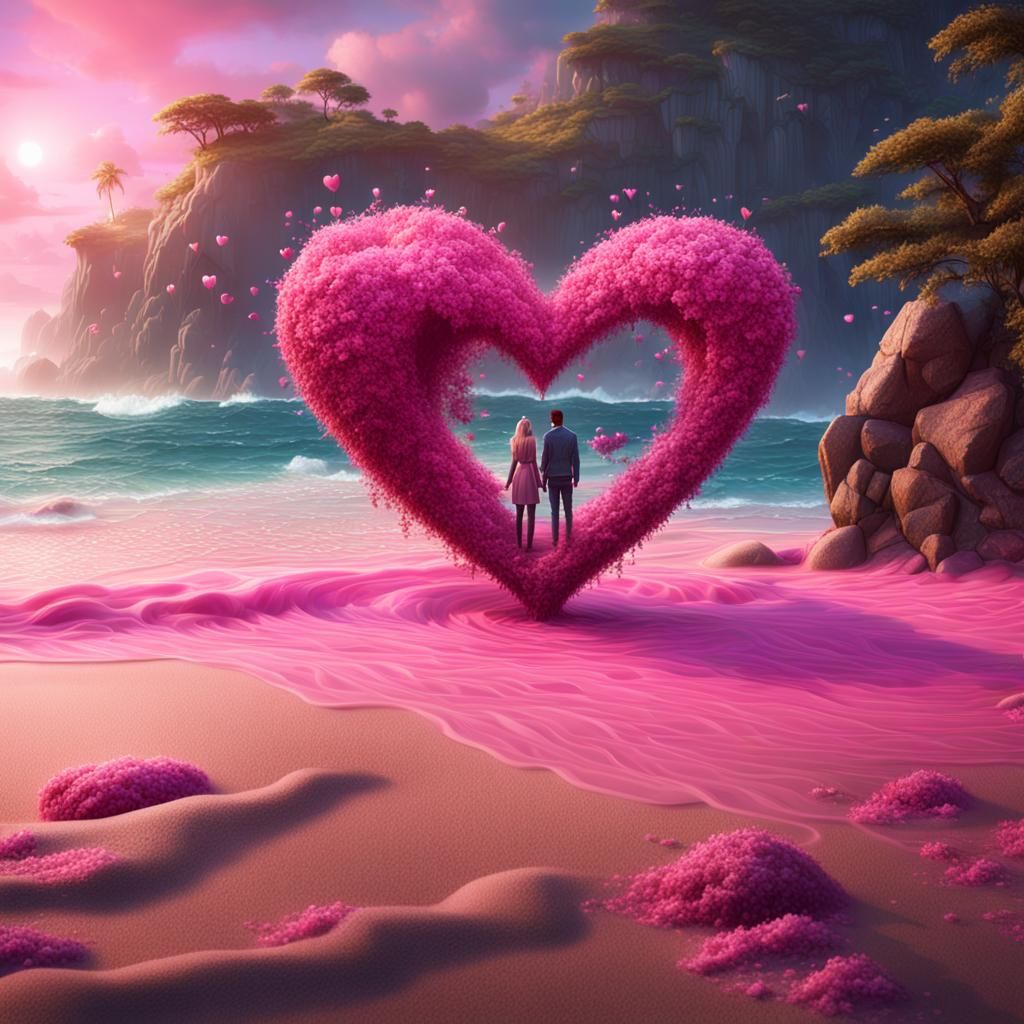Romantic Beach Scene with Pink Heart