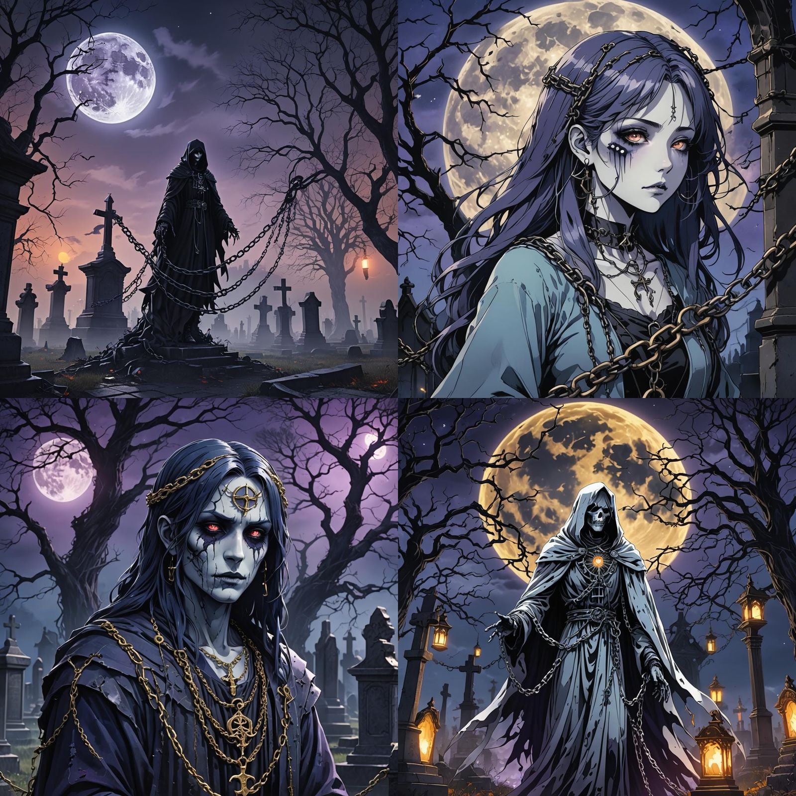 Gothic Anime Ghost in Cemetery Under Moonlight