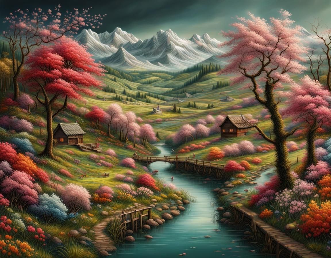 Embroidered Spring Landscape: Detailed Digital Matte Paintin...