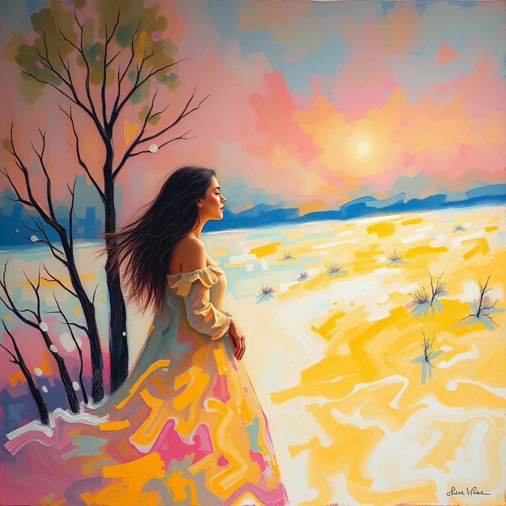 Woman in Winter Landscape with Vibrant Colors