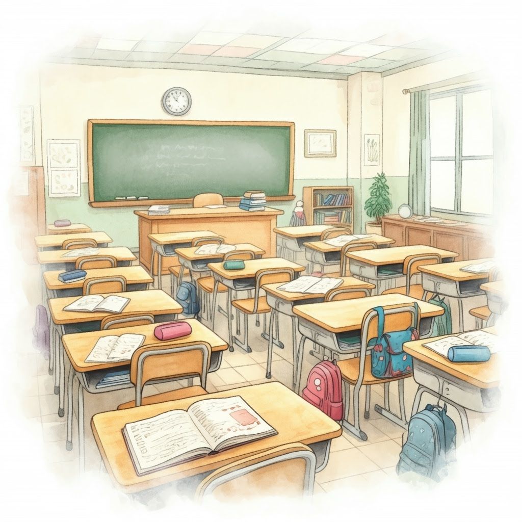 Elementary Classroom in Gentle Watercolor Illustration Style
