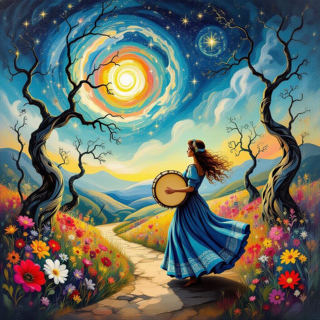 Gypsy Maiden with Tambourine in Surreal Dreamscape