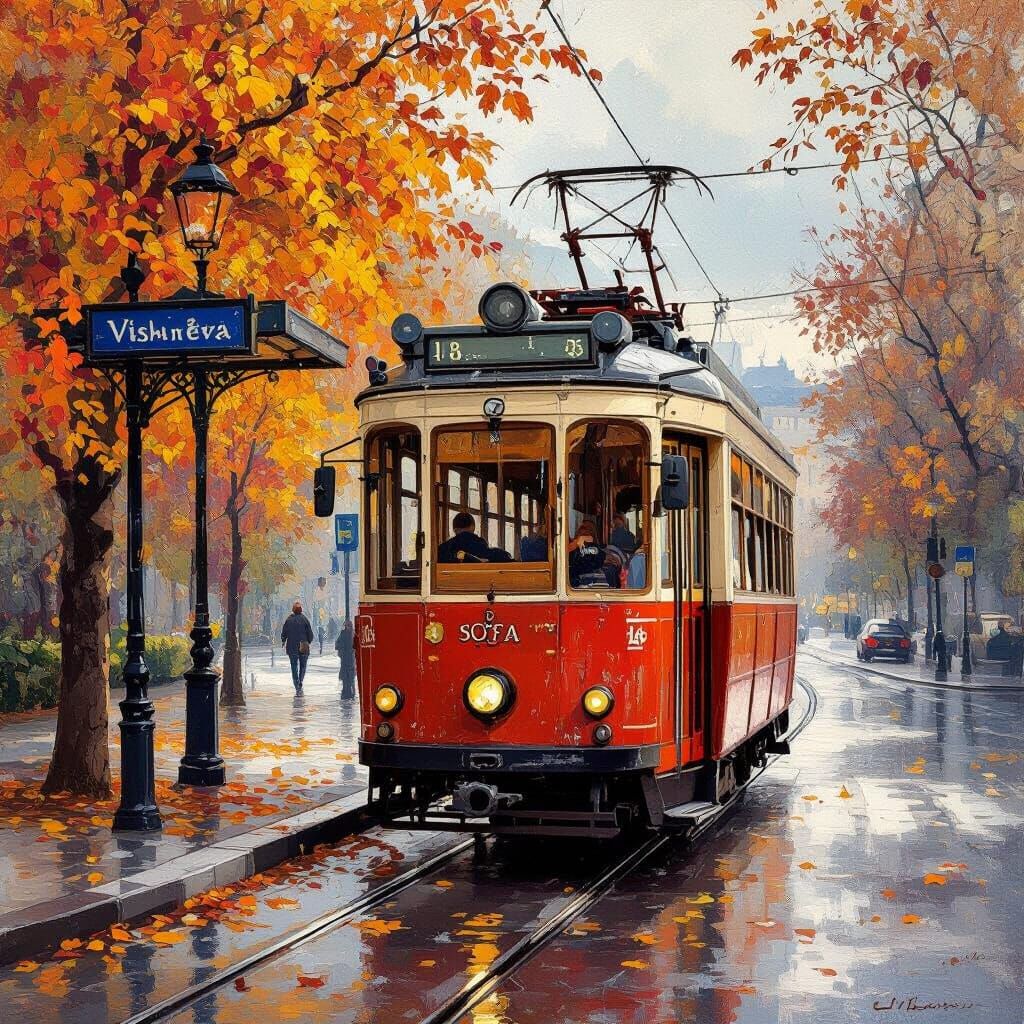 Old Tram in Sofia, Bulgaria on Autumn Day
