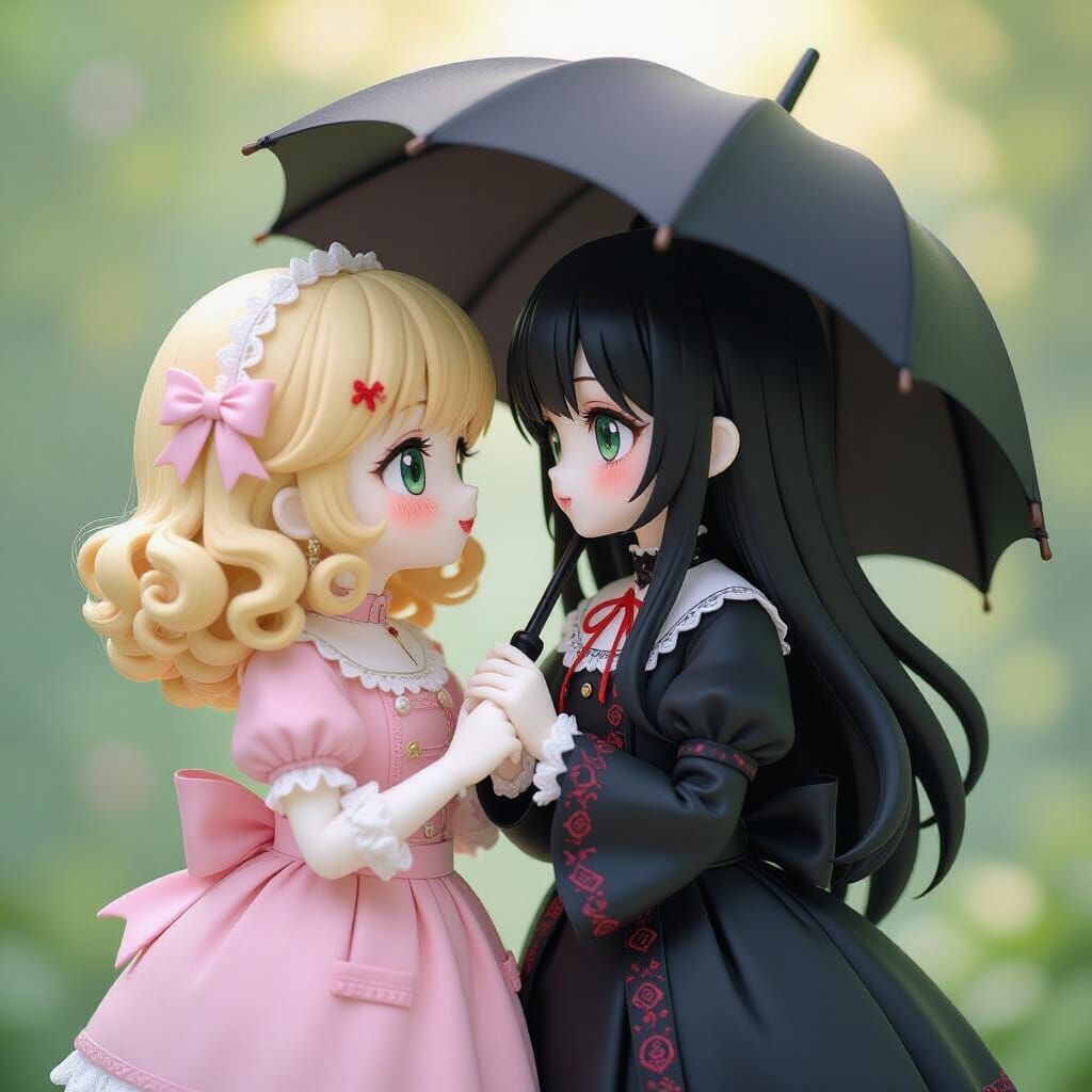 Anime Porcelain Dolls Kissing in Goth and Pink Styles