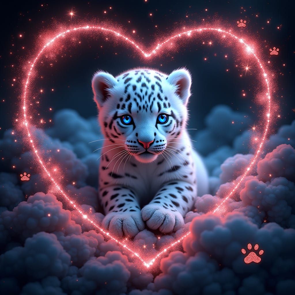 Surreal Nighttime Scene of Majestic White Leopard Cub Under....