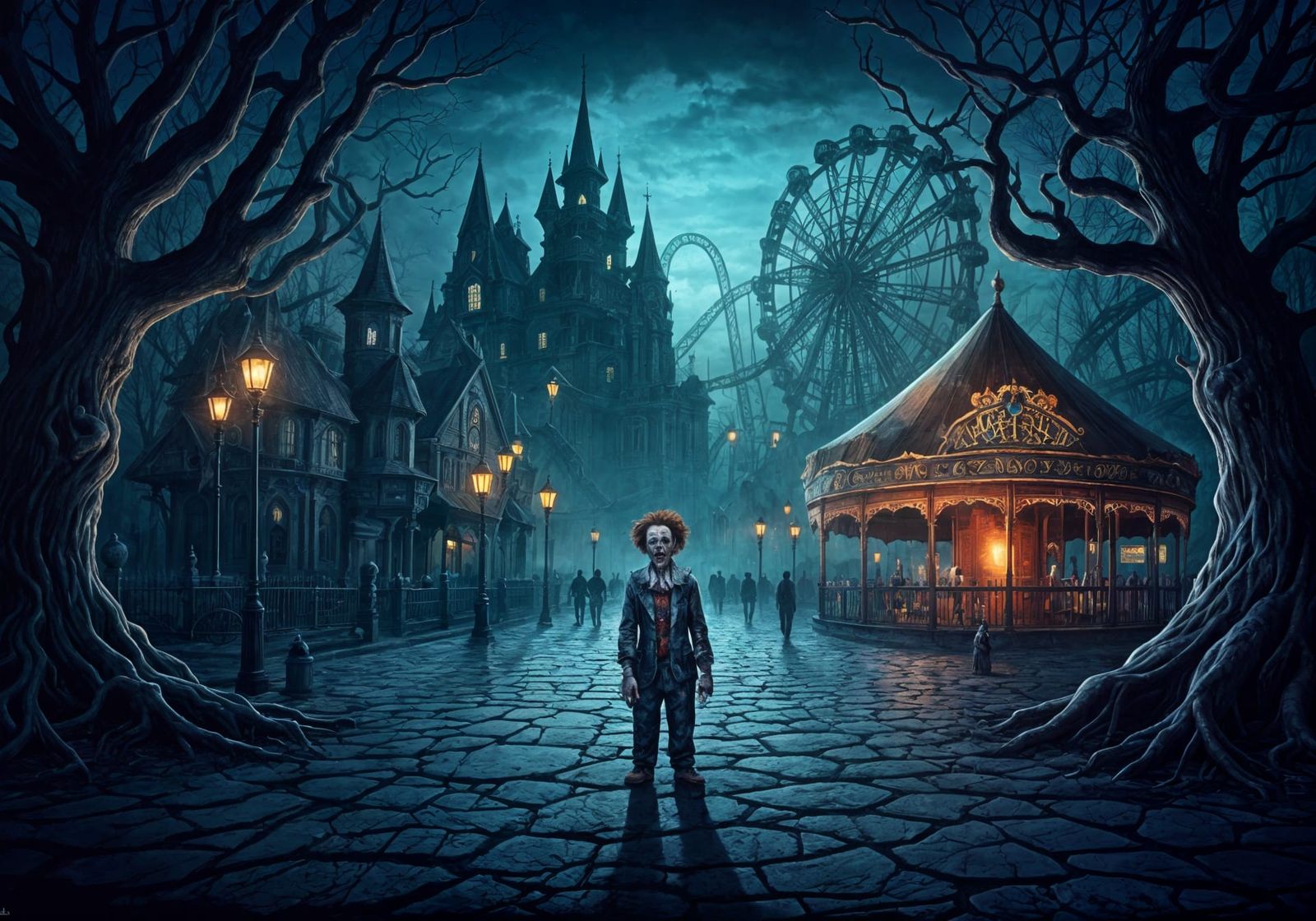 Zombie Clown at Haunted Amusement Park in Surrealist Style