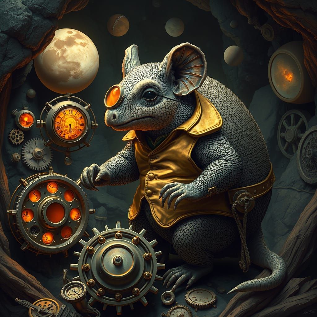 Armadillo Tends Cosmic Clockwork in Amber Light