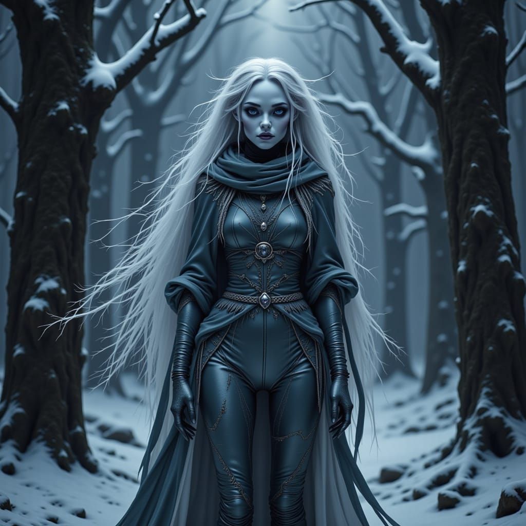 Regal Alien Woman in Snowy Winter Forest