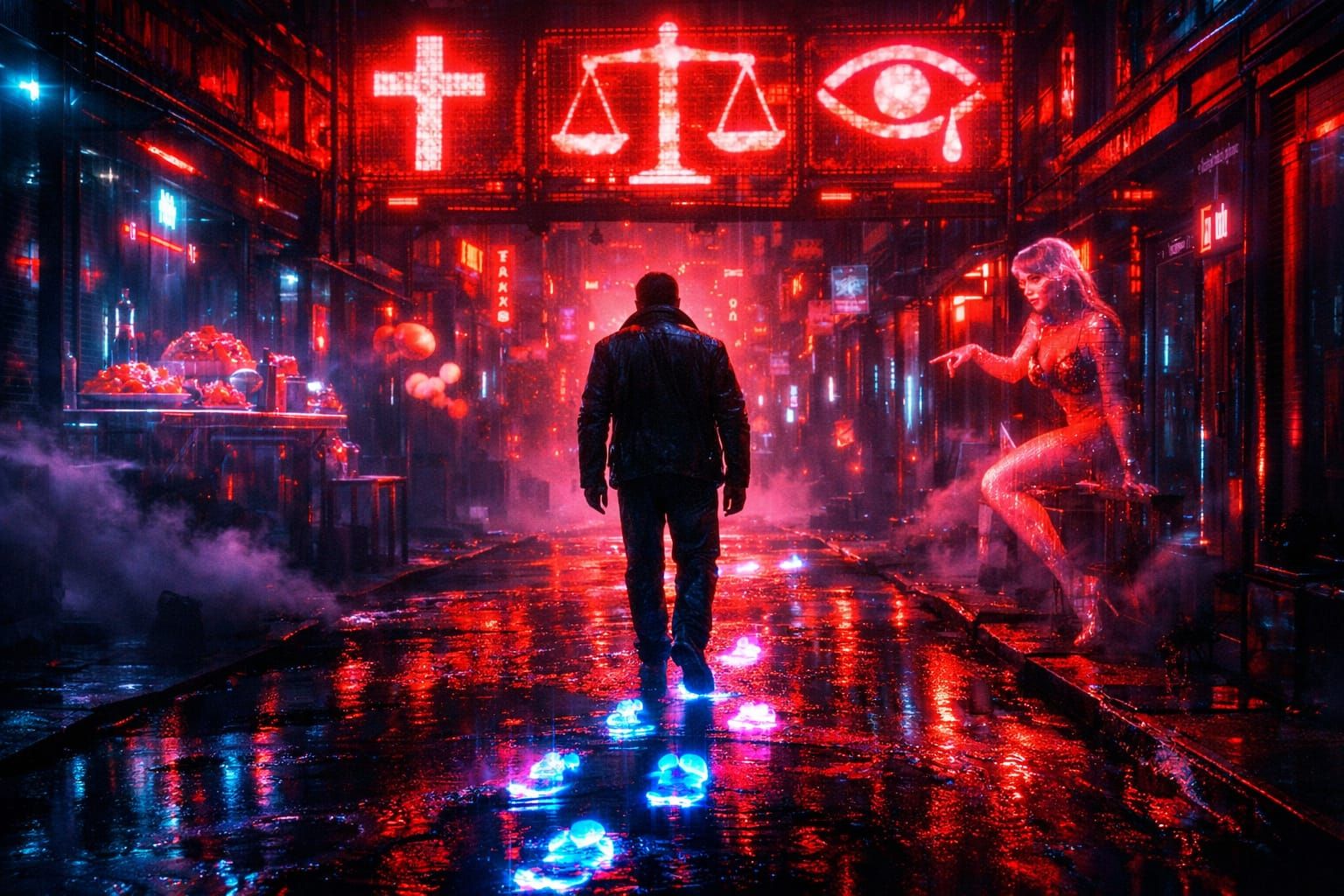 Neon Alleyway Figure in Retro-Futurist World