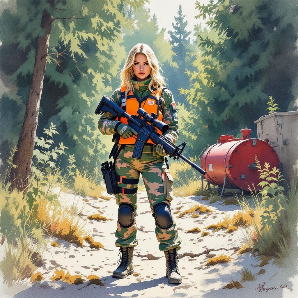 Monochrome Watercolor Woman in Camouflage Gear