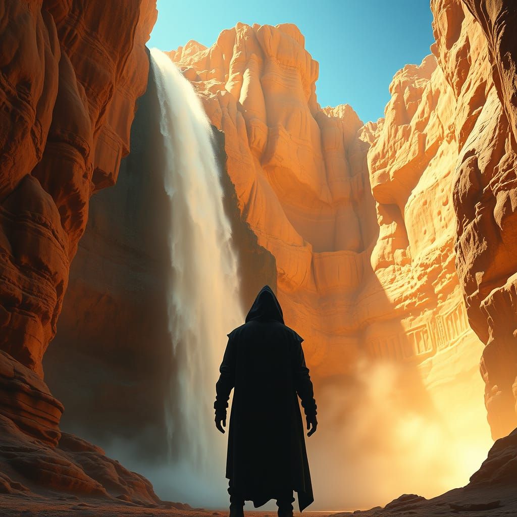 Luminous Waterfall in Desert Landscape, Hyperrealistic Scene