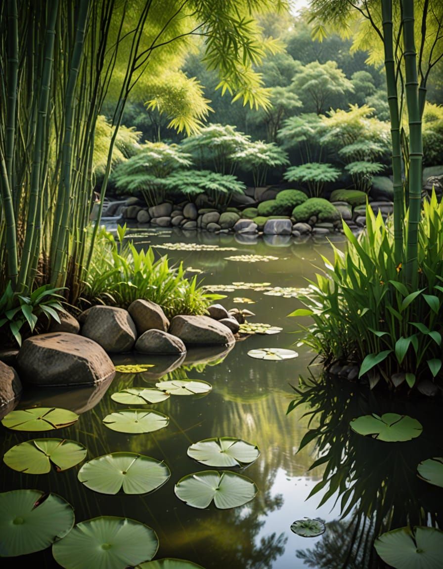 Idyllic Japanese Lake with Lotus Flowers and Bamboo