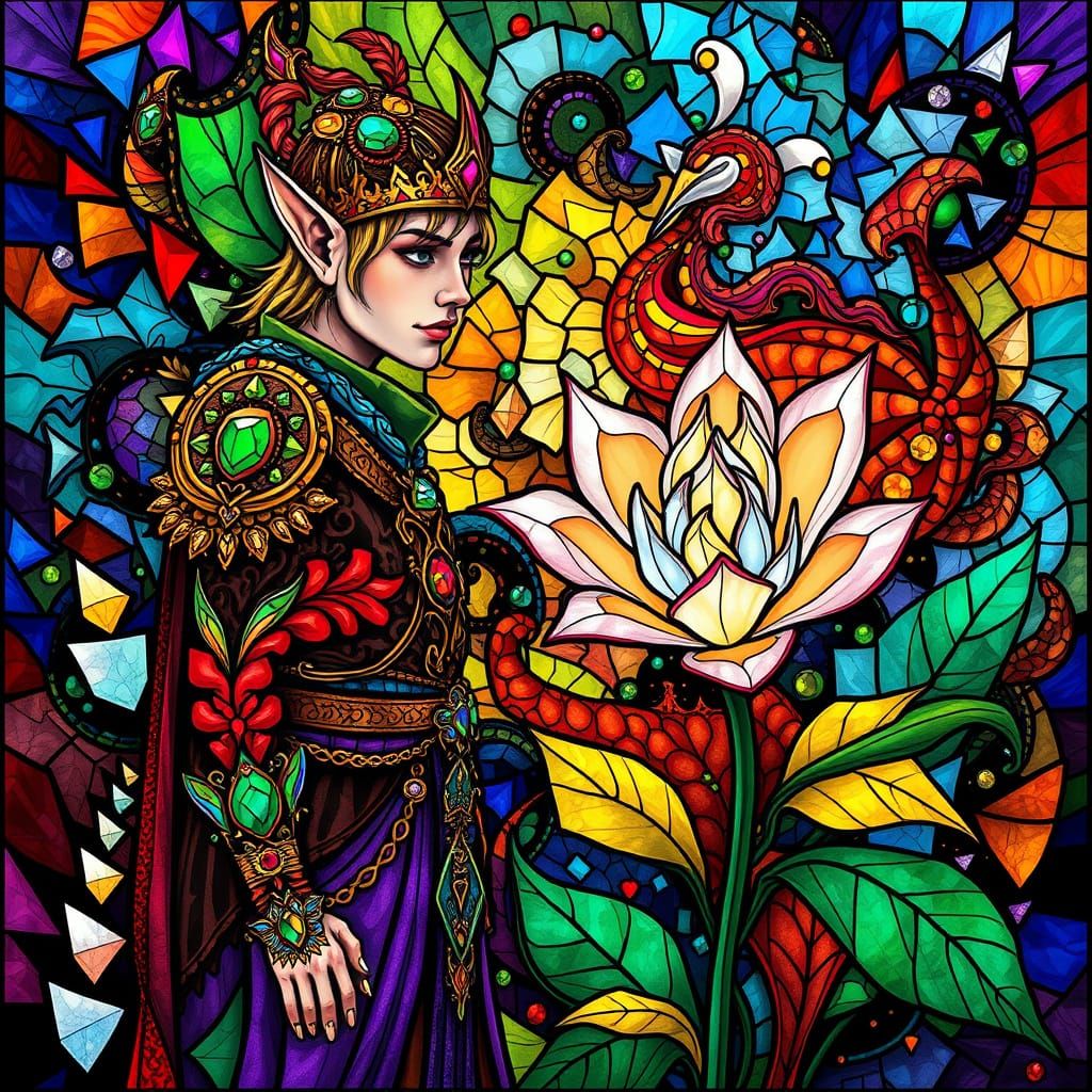 Stained Glass Elf Lord in Vibrant, Kaleidoscopic Landscape