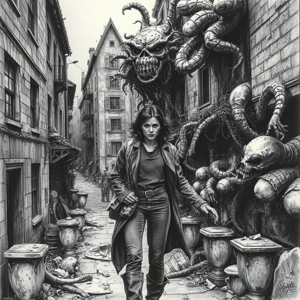 Horror Scene in Decaying City with Mutated Flora