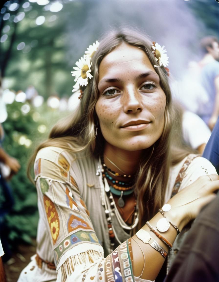 Hippy at Woodstock Festival in Aged Photograph Style