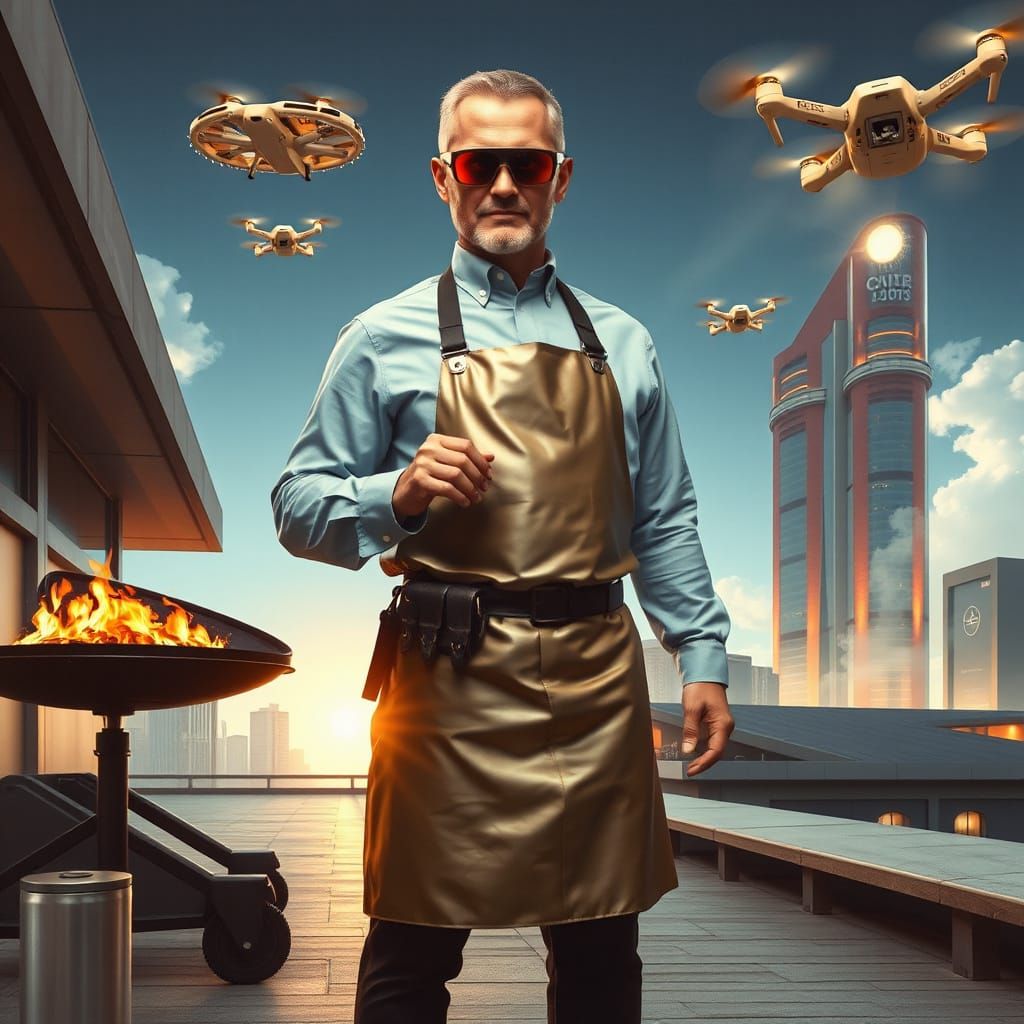 Futuristic Dad with BBQ Drone in Cyberpunk Cityscape