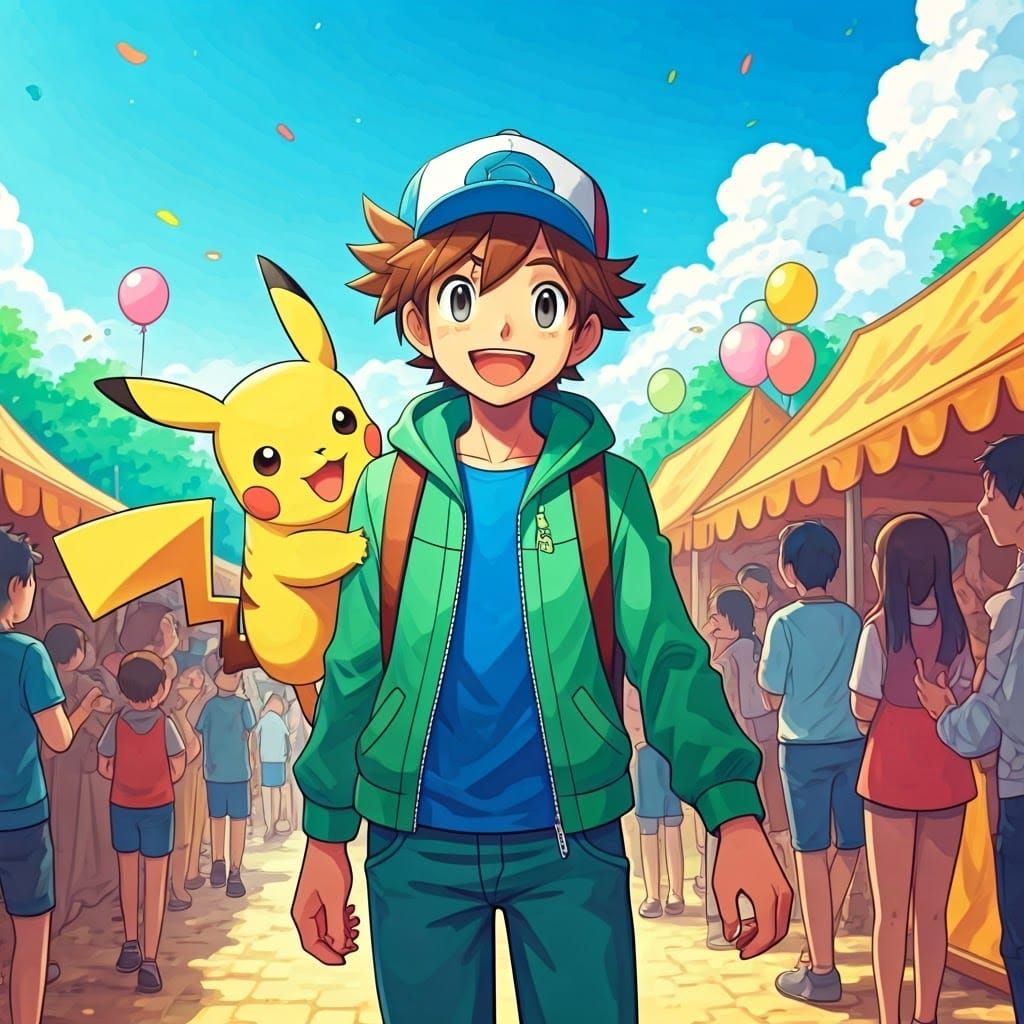 Pokemon Trainer and Pikachu at a Festival