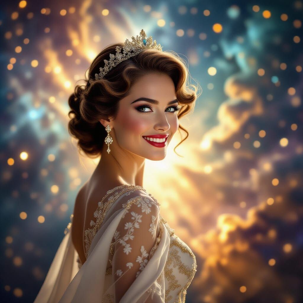 Happy, dressed in high fashion from a time, honestly glowing...