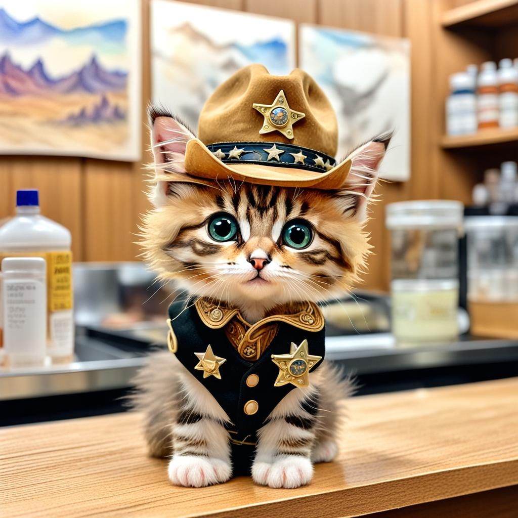Sheriff Kitten in Watercolor Gouache Style