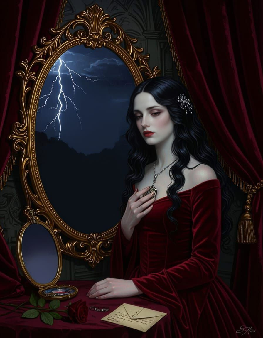 Woman in Crimson Gown Before Sorrowful Mirror