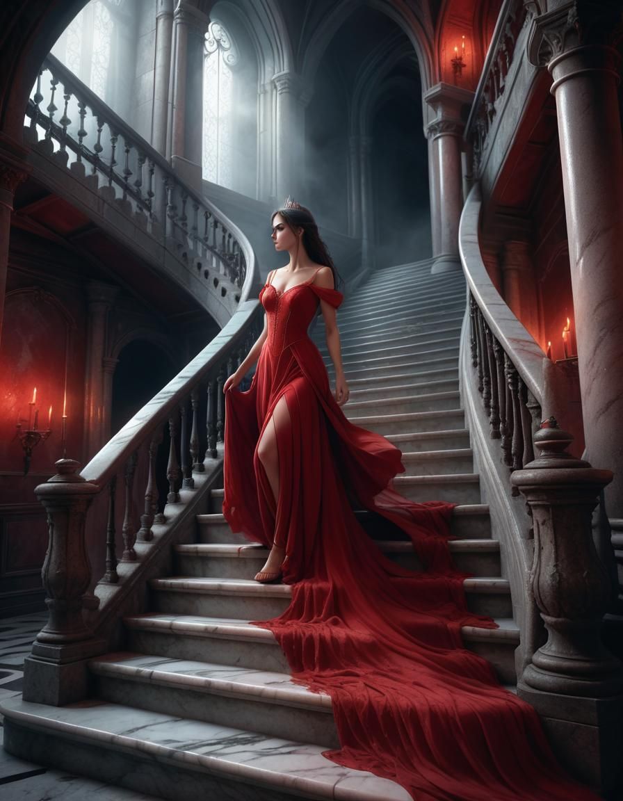 Princess in Red Dress Ascends Castle Stairs