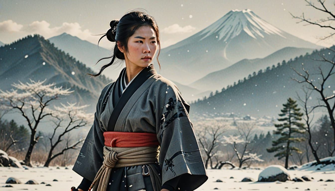 Female Samurai on Battlefield in Sumi-e Style