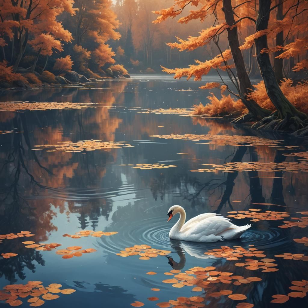 Swan Drifting on Autumn Lake: Digital Concept Art