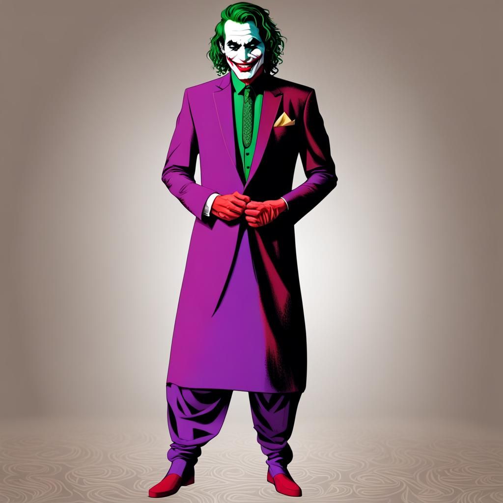 Joker popart Standing full body shot of joker in shalwar Kameez Arab clothes , two tone wedding shalwar Kurta joker suit...