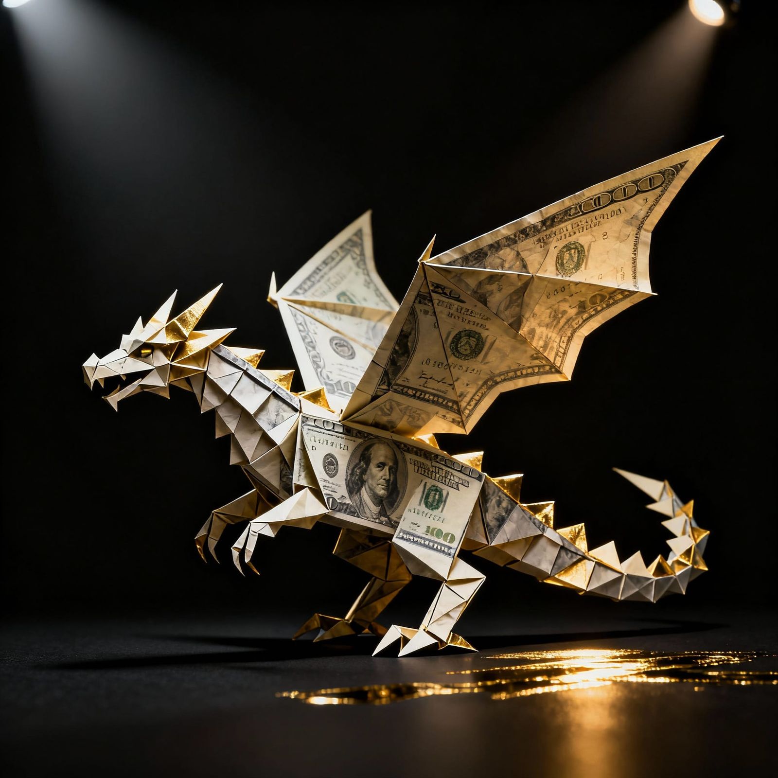 Origami Dragon Made of Money, Dramatic Lighting
