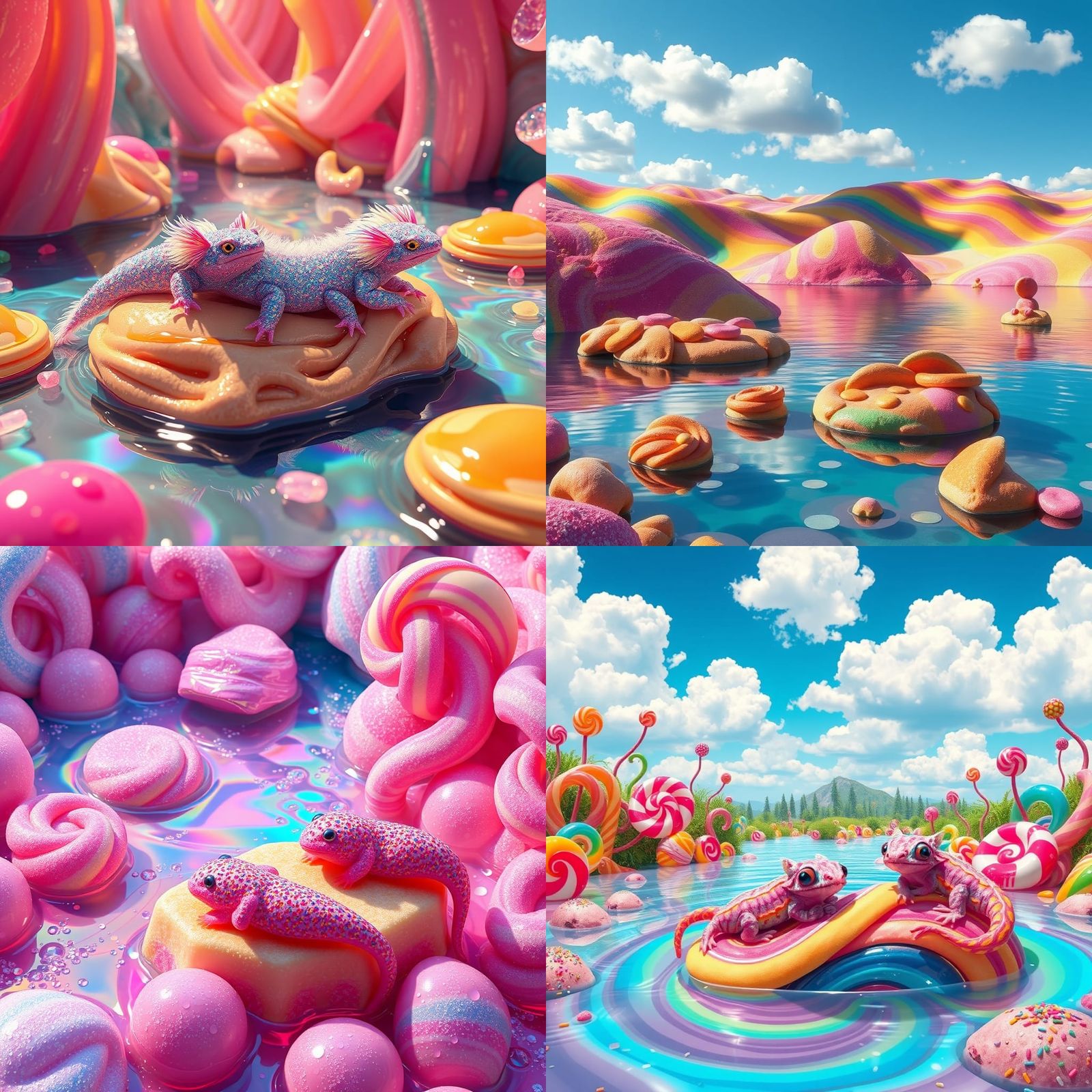 Candy Axolotls in a Colorful Candyland Lake