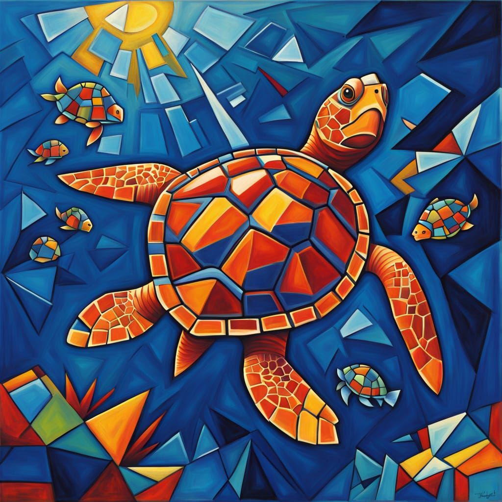 Turtle in Vibrant Cubist Deep Blue