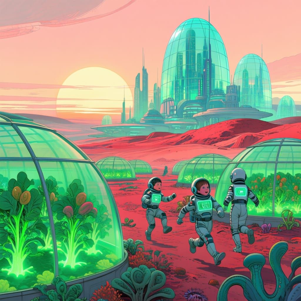 Futuristic Martian City with Bioluminescent Crops and Childr...