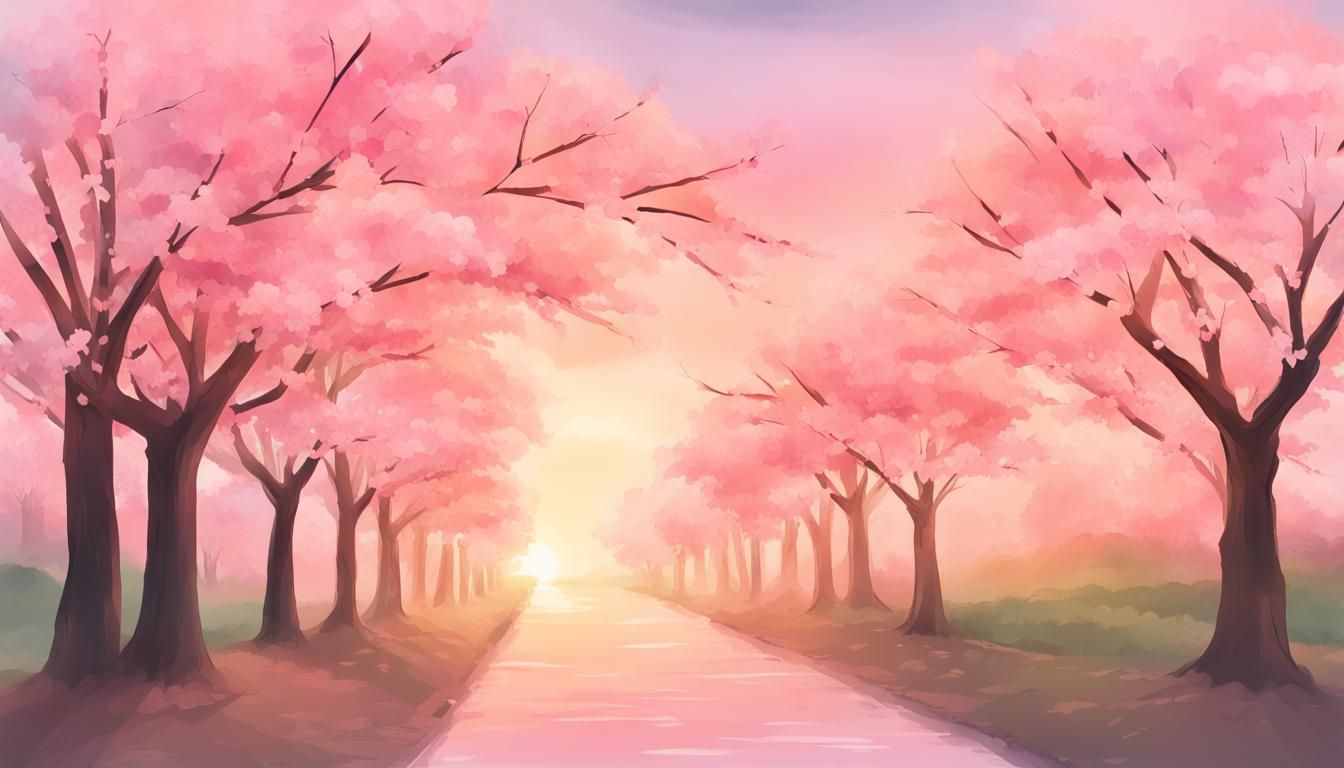 Cherry Blossom Path at Sunrise in Watercolor Style