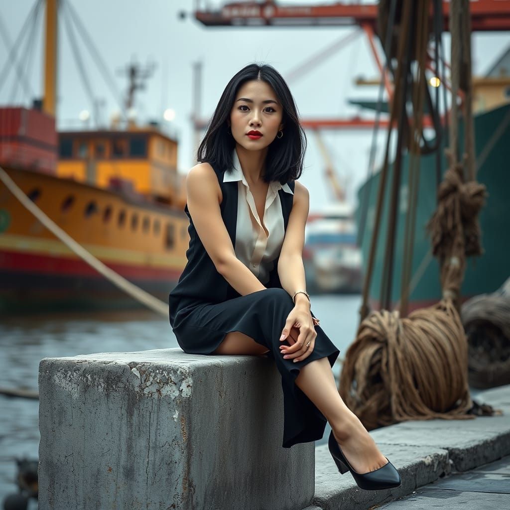 Young Korean Woman Finds Solace by the Bustling Harbor