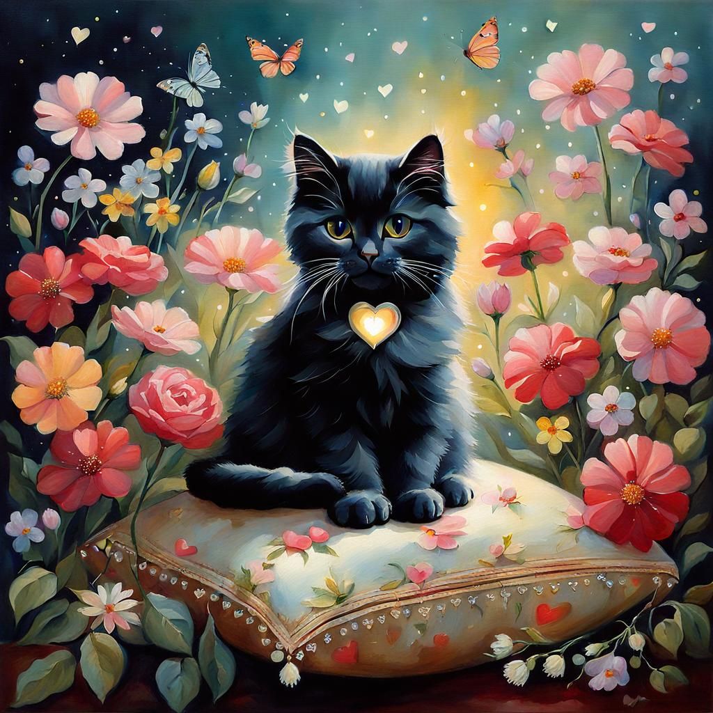 Cute Cat Surrounded by Flowers in Pulp Art Style